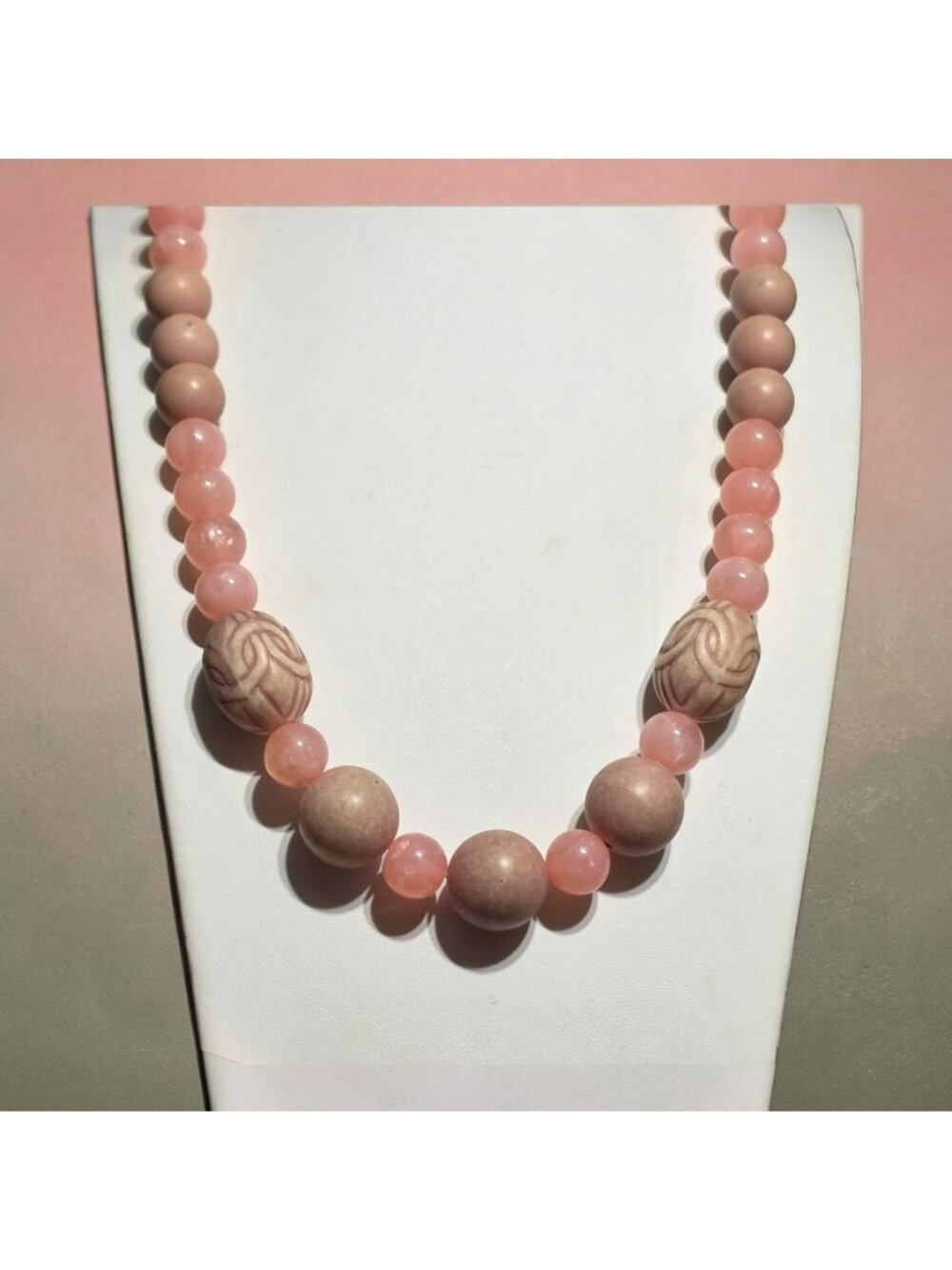 Vintage Pink Plastic Beaded Necklace Carved Statement Beads Unique Jewelry